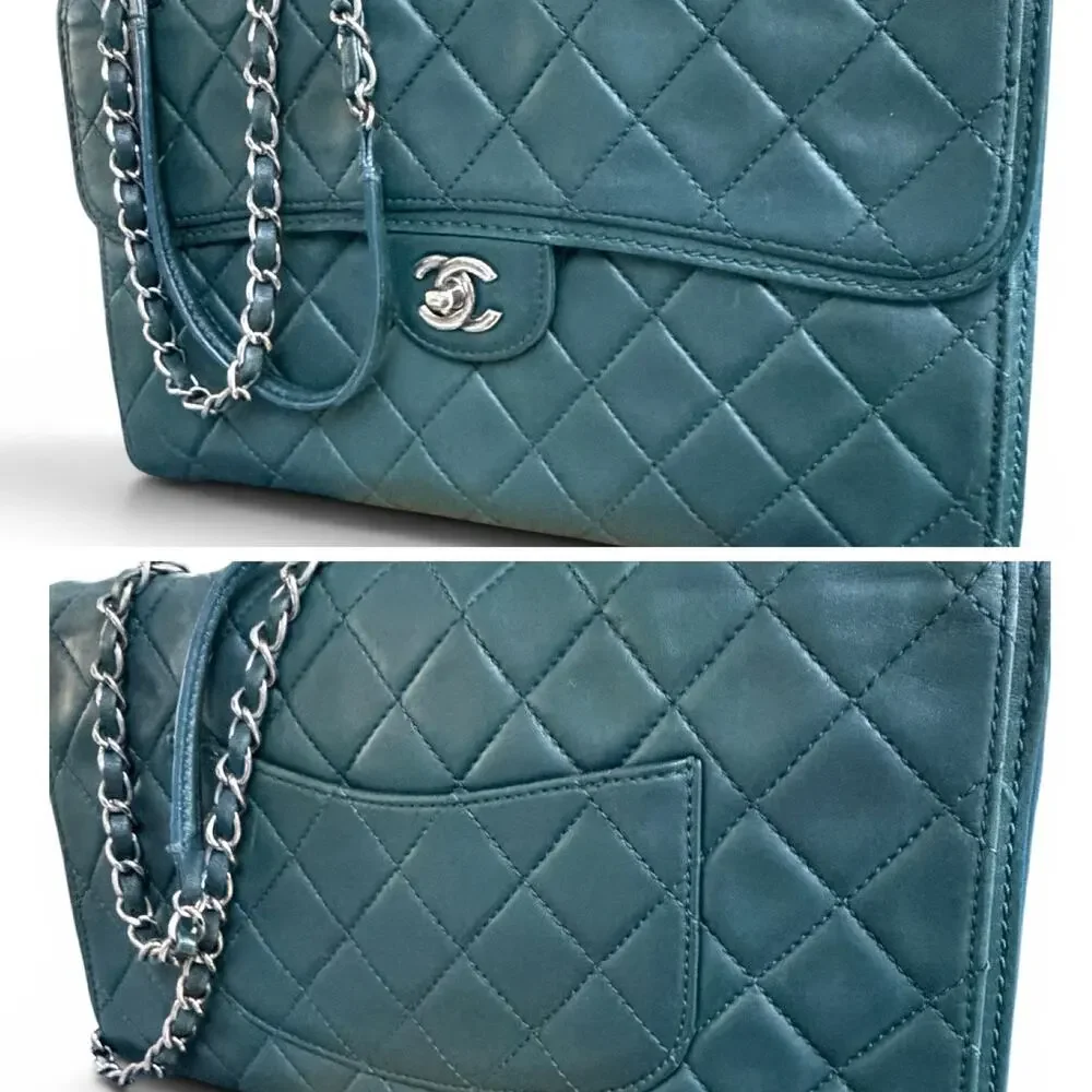 Chanel Classic Flap Jumbo Accordion Dark Green Lambskin Silver Hardware w/ COA